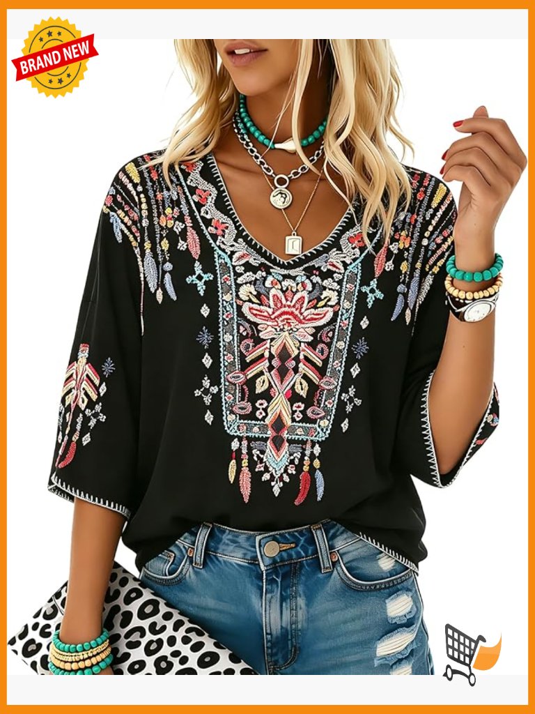 Embroidered Boho Tunics Peasant Blouses For Plus Size Women